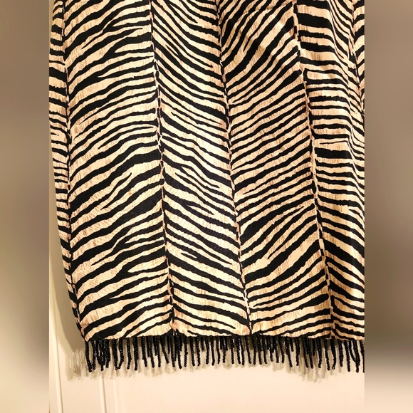 100 % Silk Skirt Black and White Animal Print with Bead Fringe - Picture 3 of 4